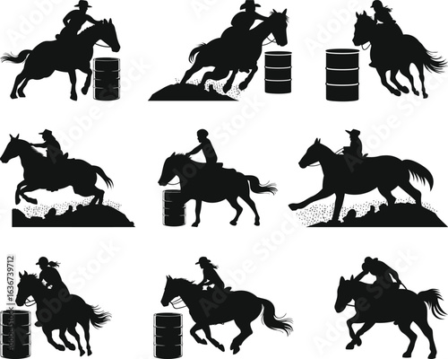 Barrel Racing Design Silhouette, Rodeo Barrel Racer SVG, Rodeo Cowgirl, Horse and Rider Silhouette Clip Art, Barrel Racing Silhouette Equestrian Sport Icon