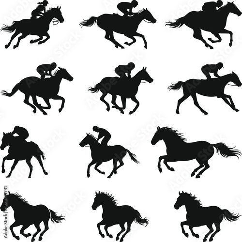 Horse Racing Silhouettes, Horse race SVG, Horses Racing Equestrian Sport and Horseback Riding Black and white vector illustration