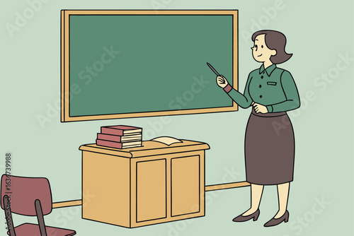 Cartoon Teacher with Book Standing by Chalkboard and Desk Filled Classroom Scene Creating a School Learning Environment