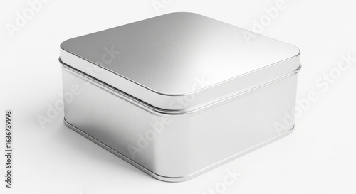 Square Silver Metal Tin Box with Lid Isolated on White Background