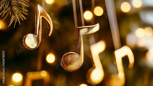 Golden musical notes adorn a christmas tree.