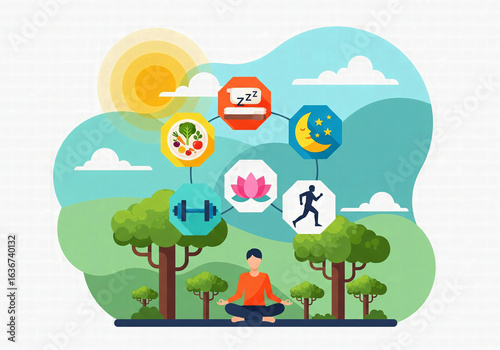 An illustration of a man meditating with icons of a healthy lifestyle, representing balance, wellness, diet, sleep, and exercise