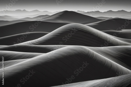 Abstract Black and White Photograph of Curving Desert Sand Dunes