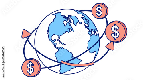 Global Finance:  Stylized Illustration of Worldwide Currency Exchange and Transactions.