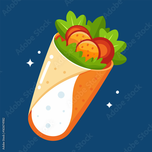 A delicious falafel wrap filled with falafel. vegetables. and sauce. Colorful and appetizing graphic food illustration against a dark blue background. Restaurant menu item