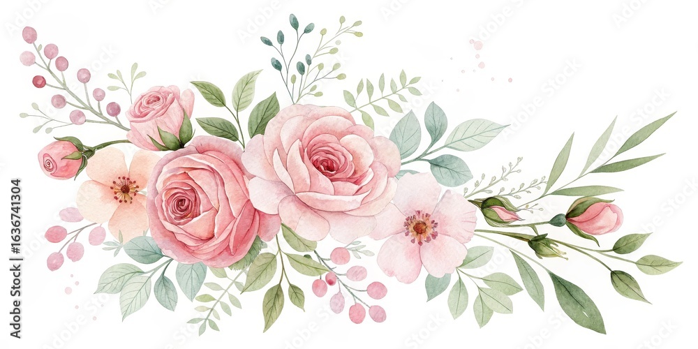 Obraz premium Watercolor Blush Pink Roses Floral Arrangement, Botanical Illustration, Wedding Design Floral art, watercolor painting