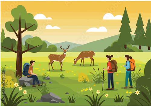 Hiking Adventure with Deers in the Nature