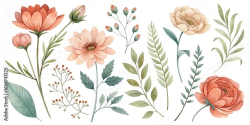 Watercolor Botanical Illustration Peach and Coral Flower Collection, Floral Design, Botanical Art Floral Clipart, Watercolor Flowers