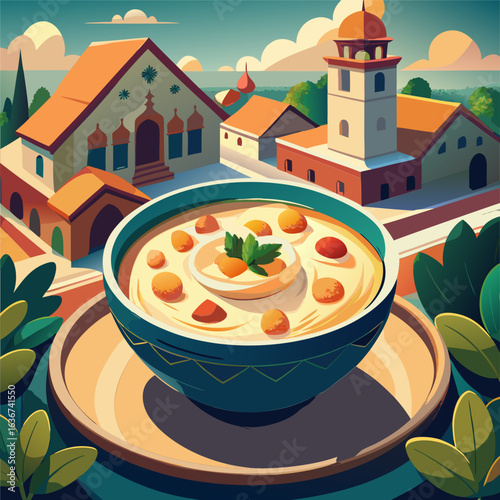 Mediterranean style food bowl with traditional architecture background. Bowl of hummus with decorative elements and a beautiful town scape in the background.