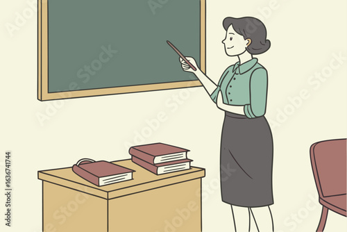 Cartoon Teacher with Book Standing by Chalkboard and Desk Filled Classroom Scene Creating a School Learning Environment