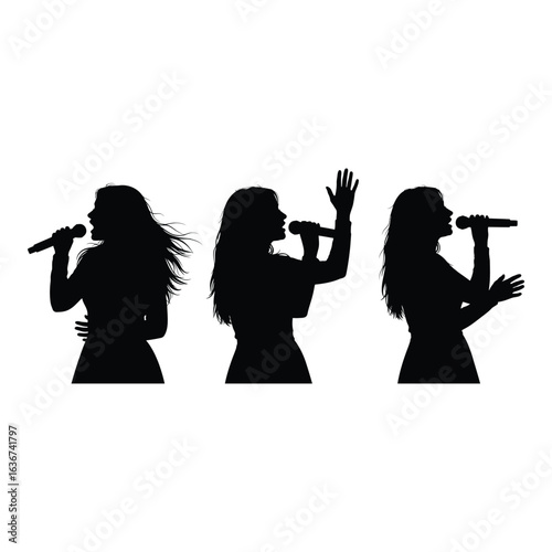 Vector art of three singers with microphone isolated on white background performing music