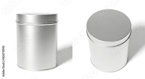 Metallic Silver Tin Container Mockup with Lid, Front and Top View on White Background