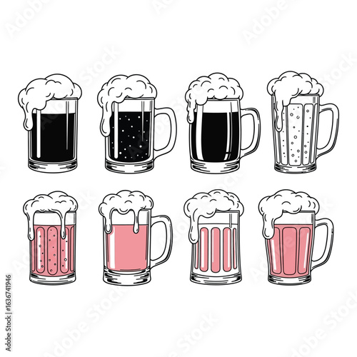 Vector art of collection of beer mugs with foam isolated on white background