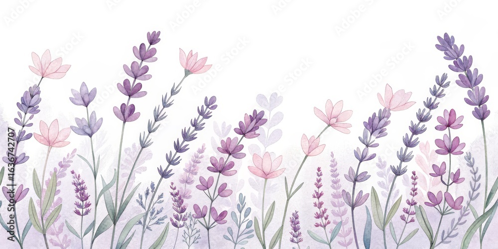 Naklejka premium Watercolor Lavender Floral Border, Botanical Illustration, Purple Flowers Lavender, Floral Design