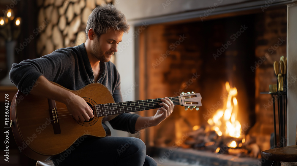 Obraz premium Cozy Musician Playing Guitar by a Fireplace with Soft Lighting