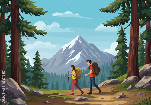Enjoy a scenic hiking adventure through the forest, admiring the majestic mountain views and embracing the great outdoors with a partner.