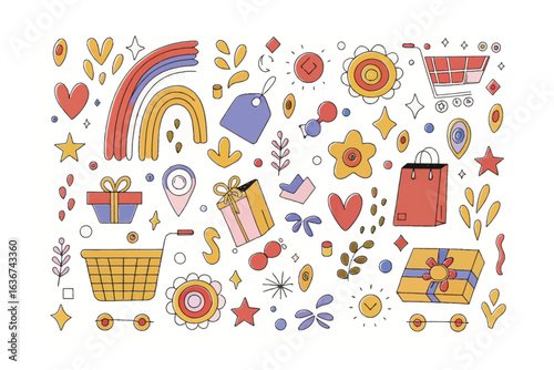 Colorful Shopping Illustration: A vibrant vector composition, full of whimsical elements, showcasing various shopping icons, creating a cheerful and engaging visual narrative.