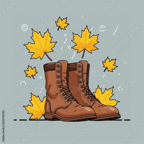 Autumnal footwear ambiance: a serene portrayal of boots amidst the gentle cascade of falling maple leaves, evoking a sense of tranquility and seasonal charm