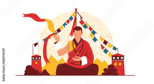 Meditating Lama Sitting in Lotus Position with Prayer Flags and Monastery Towers