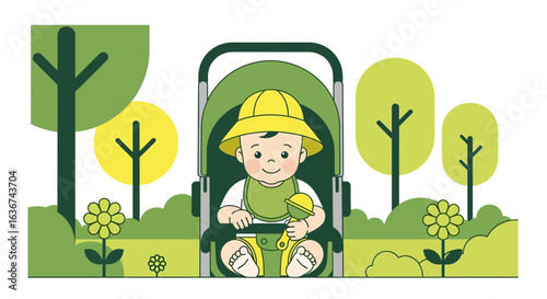 Joyful Baby In Stroller Enjoying Sunny Day In Park Vector Illustration