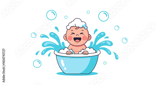Joyful Bath Time Illustration Of A Cheerful Baby Splashing Around In A Bathtub