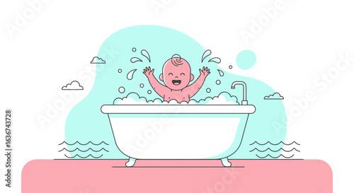 Joyful Baby Splashing In Bathtub Flat Design Illustration for Health Care Product