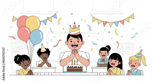 Joyful Birthday Celebration With Happy Kids In Festive School Classroom
