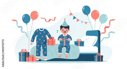 Joyful Boy Celebrating Birthday With Balloons And Gifts On Bed In Pajamas