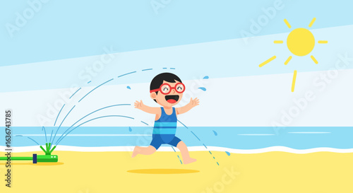 Joyful boy in swimsuit running through sprinkler on sunny beach illustration
