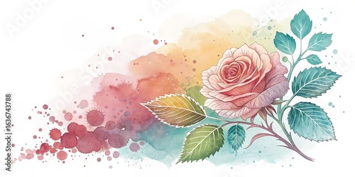 Watercolor Rose with Leaf Details and Splashes, Floral Art, Botanical Illustration Rose, Watercolor