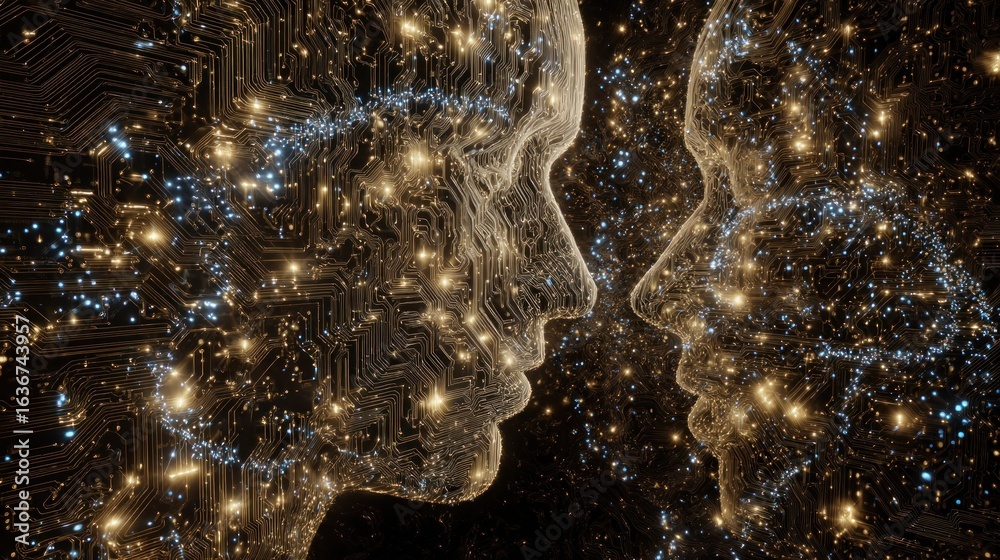 Obraz premium Digital faces connected with circuit lines