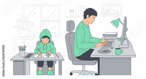 Remote Work Setup Father Working Near His Kid Drawing In The House