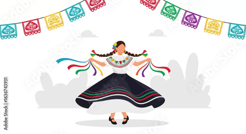Joyful Celebration A Traditional Mexican Dancer With Festive Banner Graphic