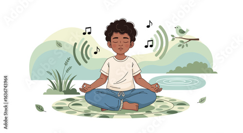 Meditative Boy Embracing Music And Nature Serenity For Harmony And Mindfulness