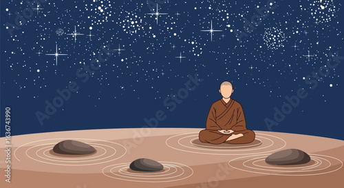 Meditative Monk in Zen Garden Under Starry Night Sky, Embracing Inner Peace and Tranquility, Achieving Enlightenment