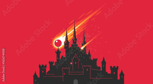 Meteor Strikes Medieval Castle With Fiery Ball During Apocalypse Concept