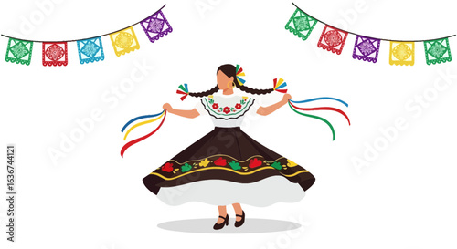 Mexican Folklore Dancer Celebrates Tradition With Colorful Decorations And Dress