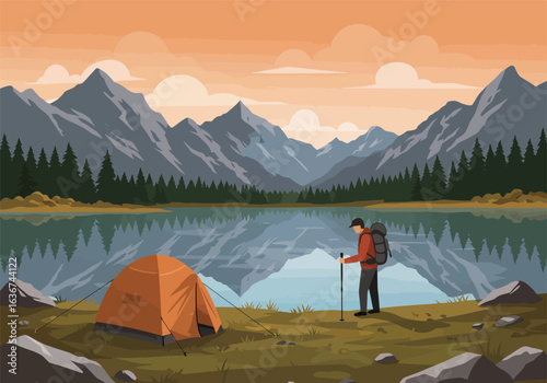 A lone adventurer enjoying a serene mountain landscape after a long hiking trip, camping by a reflective lake at sunrise.