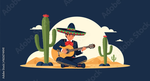 Mexican Mariachi Musician Performing in Desert Landscape with Cacti Background