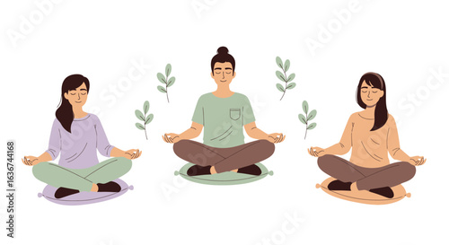 Mindful Meditation Session Three Peaceful People Practicing Wellness Together