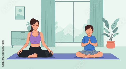 Mindful Moments Mother And Son Practicing Yoga At Home For Wellness