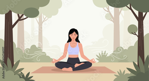 Mindful Meditation In Nature Scene For Tranquility And Wellbeing Illustration