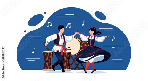 Joyful Folkloric Dance Performance With Traditional Instruments And Festive Attire