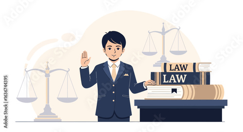 Modern Legal Representative Pledging Oath with Scales of Justice Concept Design