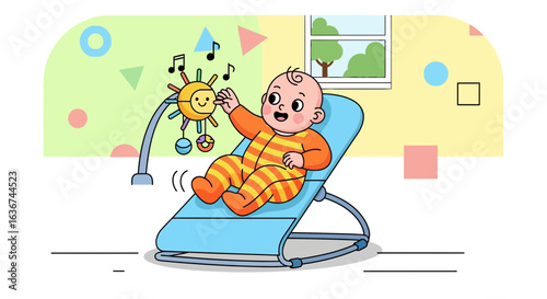 Joyful Infant Relaxing in Bouncer Chair Interacting with Musical Mobile Toy