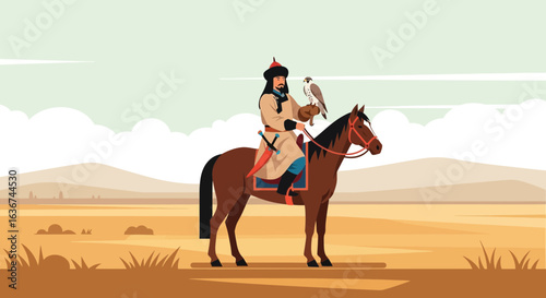 Mongolian Horseman With Falcon On The Desert Landscape Illustration Vector