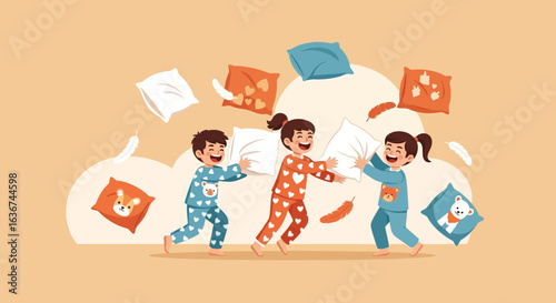 Joyful Kids Enjoying A Pillow Fight Wearing Cute Pajamas With Colorful Pillows