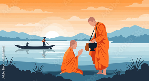 Morning Alms Offering To Buddhist Monks Near The Lake In Southeast Asia