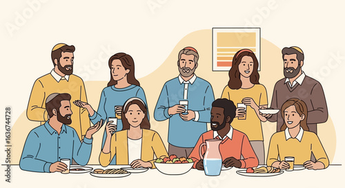 Joyful Multiracial Family Gathering Celebrates Jewish Holiday Together With Food And Conversation
