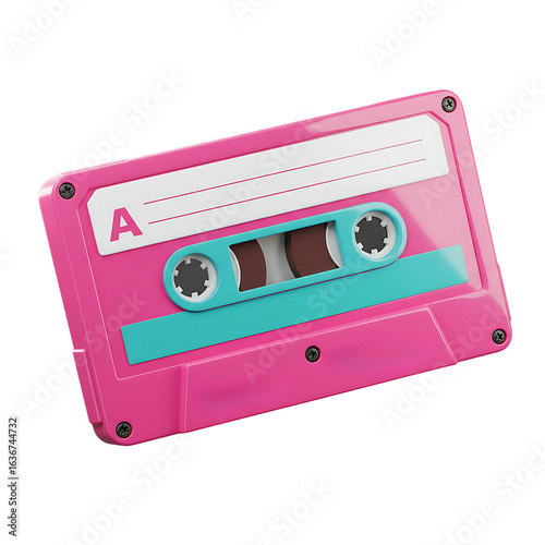 Retro pink cassette tape with teal accents and blank label, capturing nostalgic music vibes